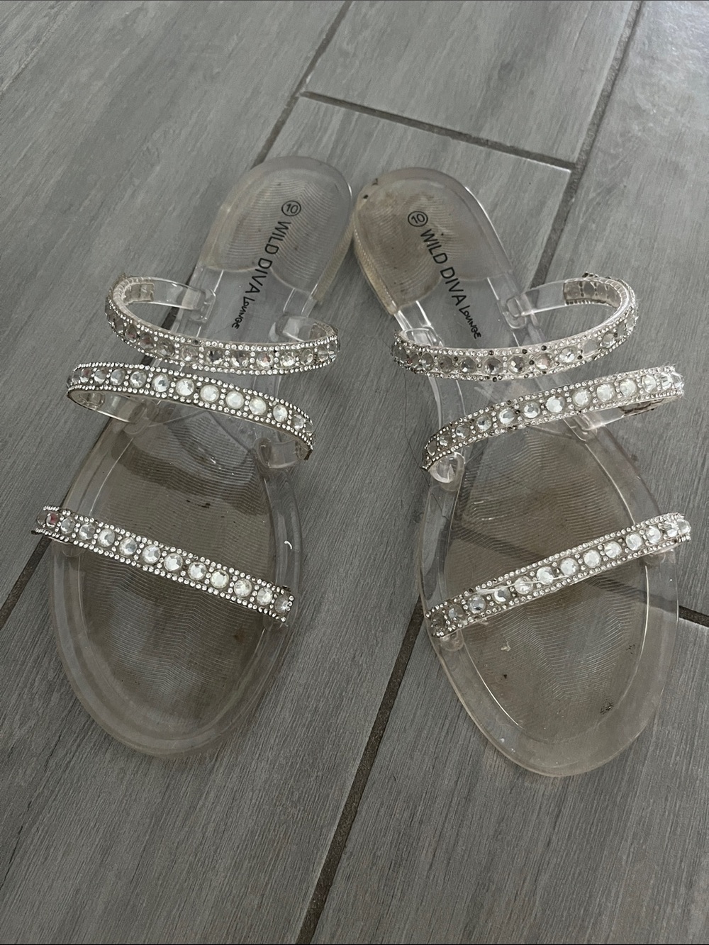 Wild Diva Clear Crystal-Strap Sandals - Silver Rhinestones